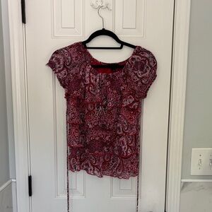 Vintage Red Paisley Ruffle Short-Sleeve Top